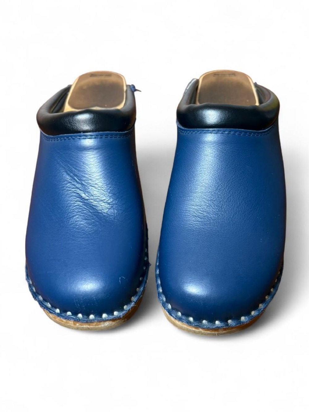 Troentorp Navy Blue Leather Swedish Clogs + Black Detailing